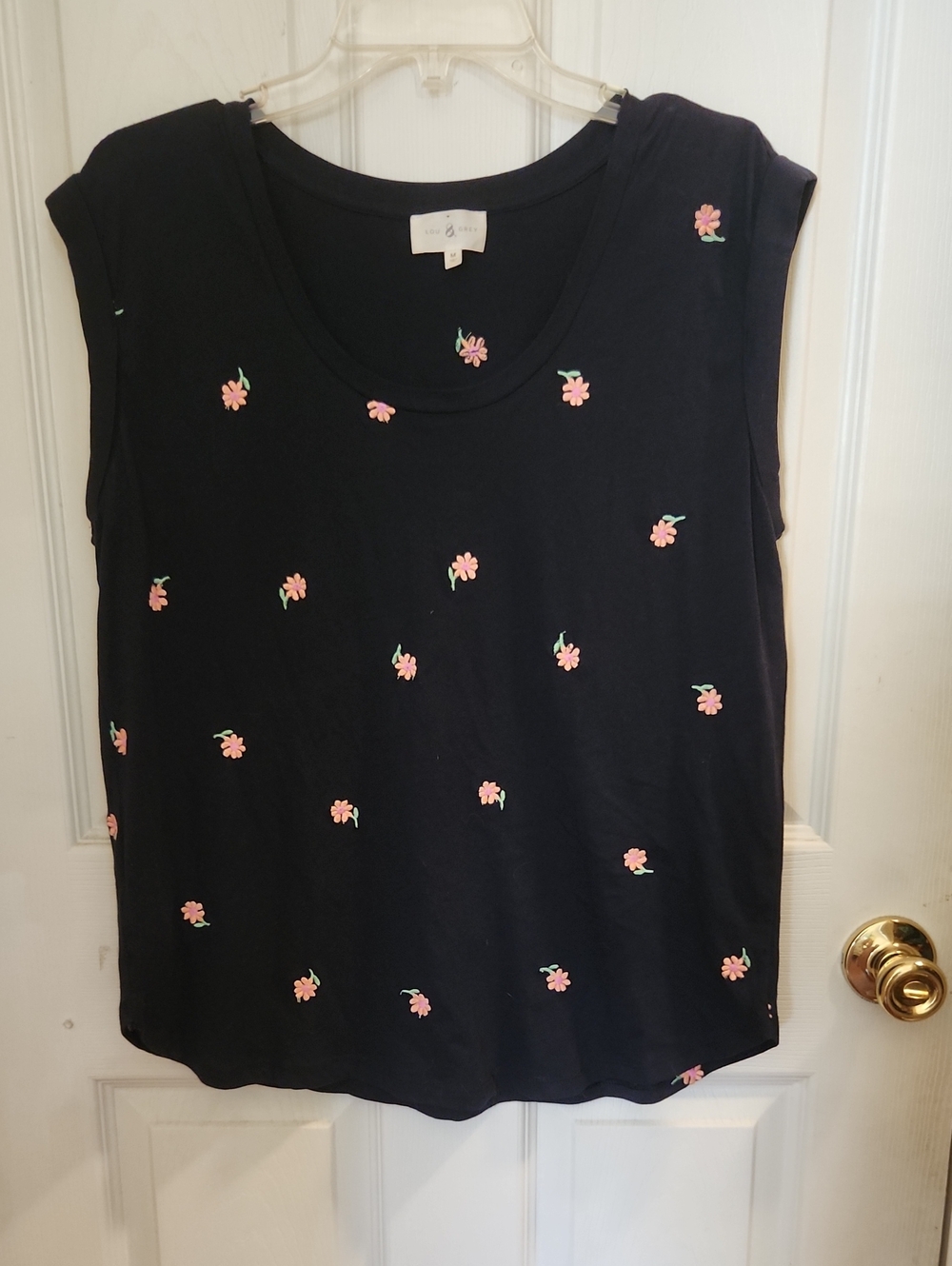 Lou & Grey Black Sleeveless Tank with Small Pink Floral Appliqués